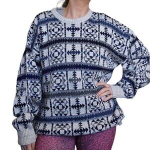 Vintage 90s Mens XL Dad Pullover Sweater Geometric White Blue Aztec Tribal‎